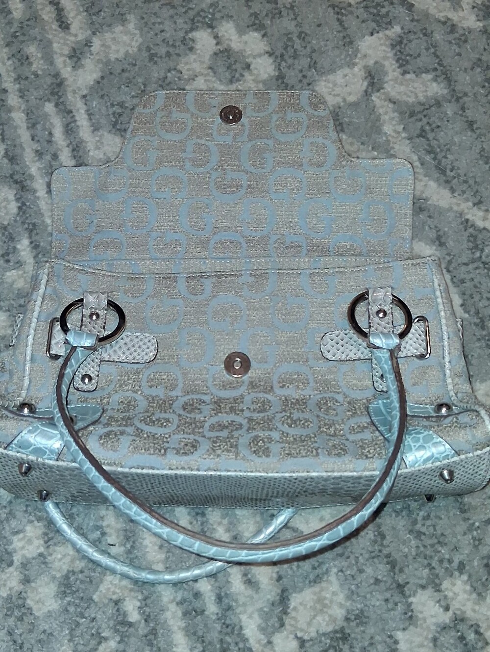 Vintage Y2K GUESS Monogram Shoulder Bag Metallic Silver Faux Croc G Logo Purse